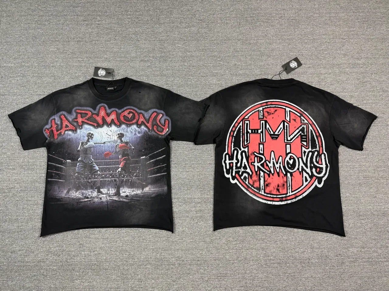Black Graphic-Print Distressed Skeleton Boxing Motif T-Shirt 7