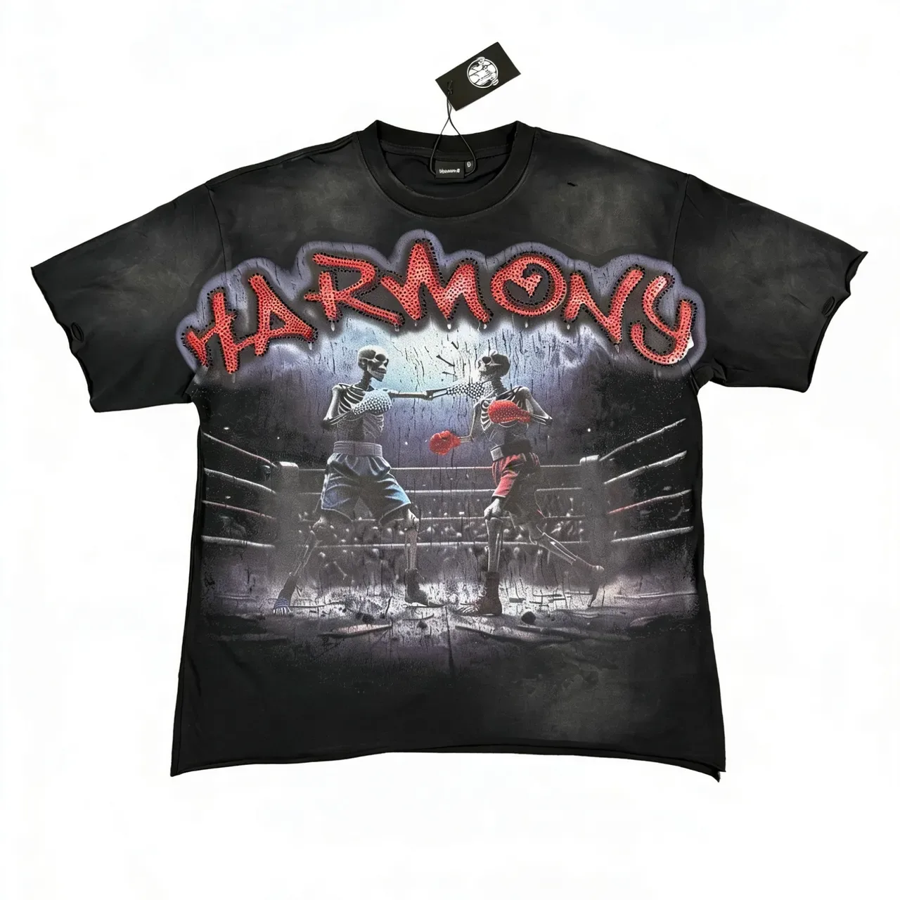 Black Graphic-Print Distressed Skeleton Boxing Motif T-Shirt 9