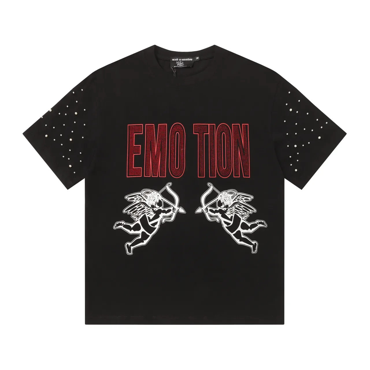 Camiseta preta com estampa gráfica, manga de strass e motivo Cupido 3