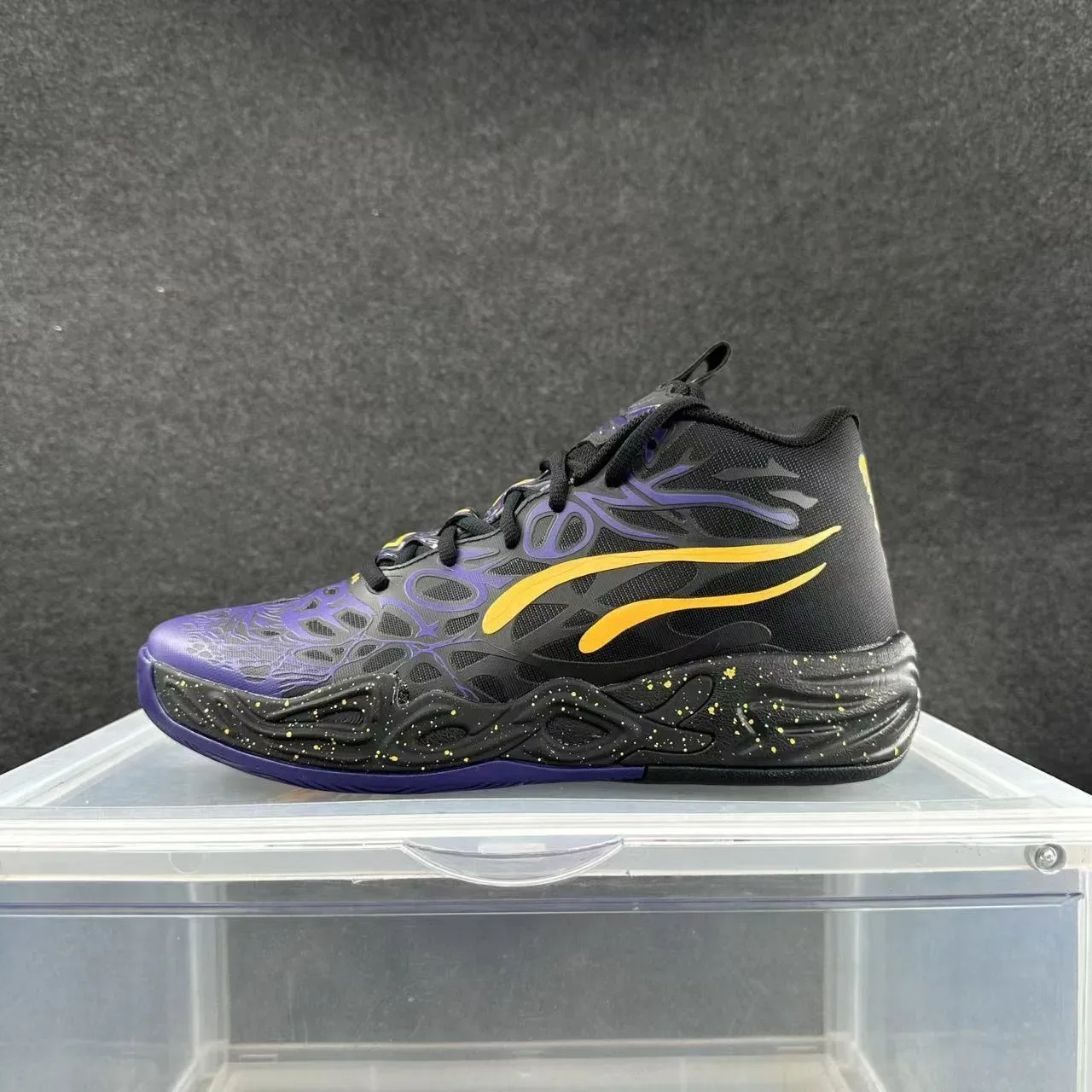 Black Purple Yellow Flame Graphic High-Top Athletic Sneaker 2