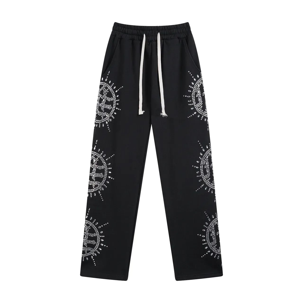 Pantalon de survêtement noir orné de strass à la taille élastique décontracté 2