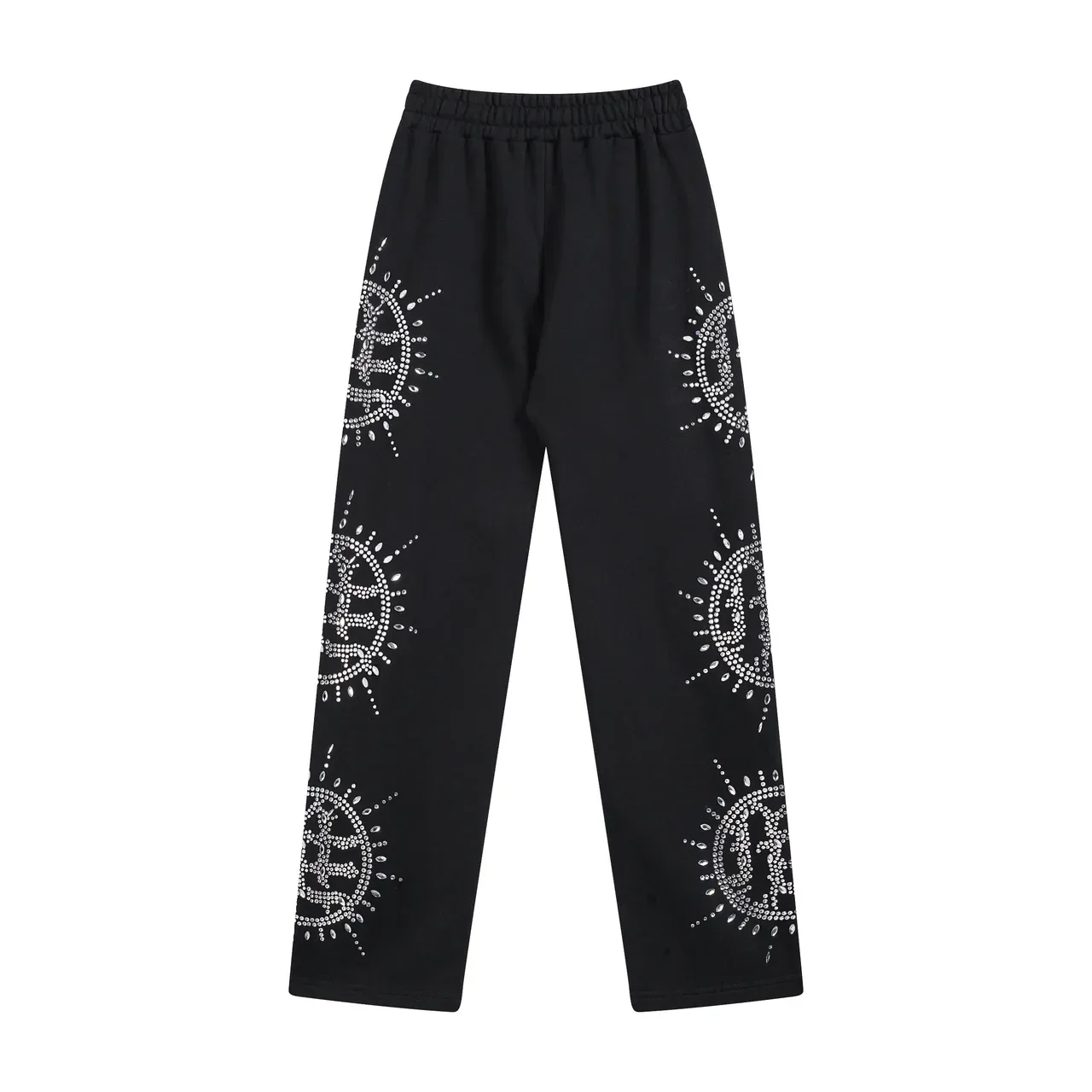 Pantalon de survêtement noir orné de strass à la taille élastique décontracté 3
