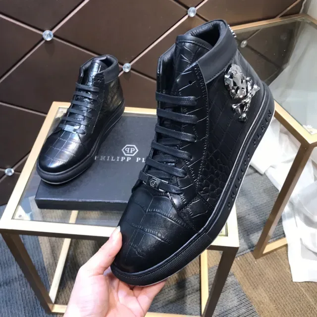 Black White High-Top Crocodile-Embossed Leather Sneakers 3