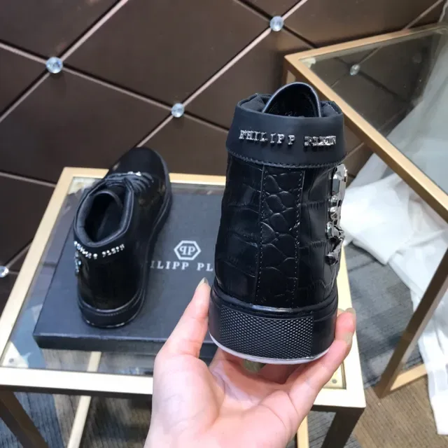 Black White High-Top Crocodile-Embossed Leather Sneakers 5