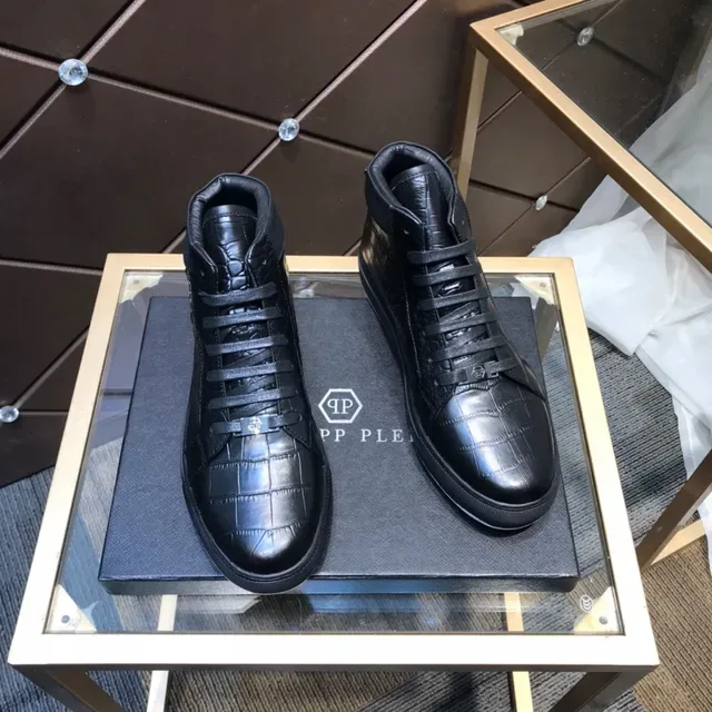 Black White High-Top Crocodile-Embossed Leather Sneakers 6