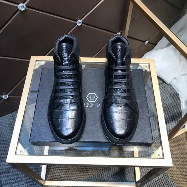 Black White High-Top Crocodile-Embossed Leather Sneakers 8