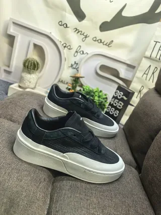 Black Woven Mesh and Suede Platform Sneakers 9