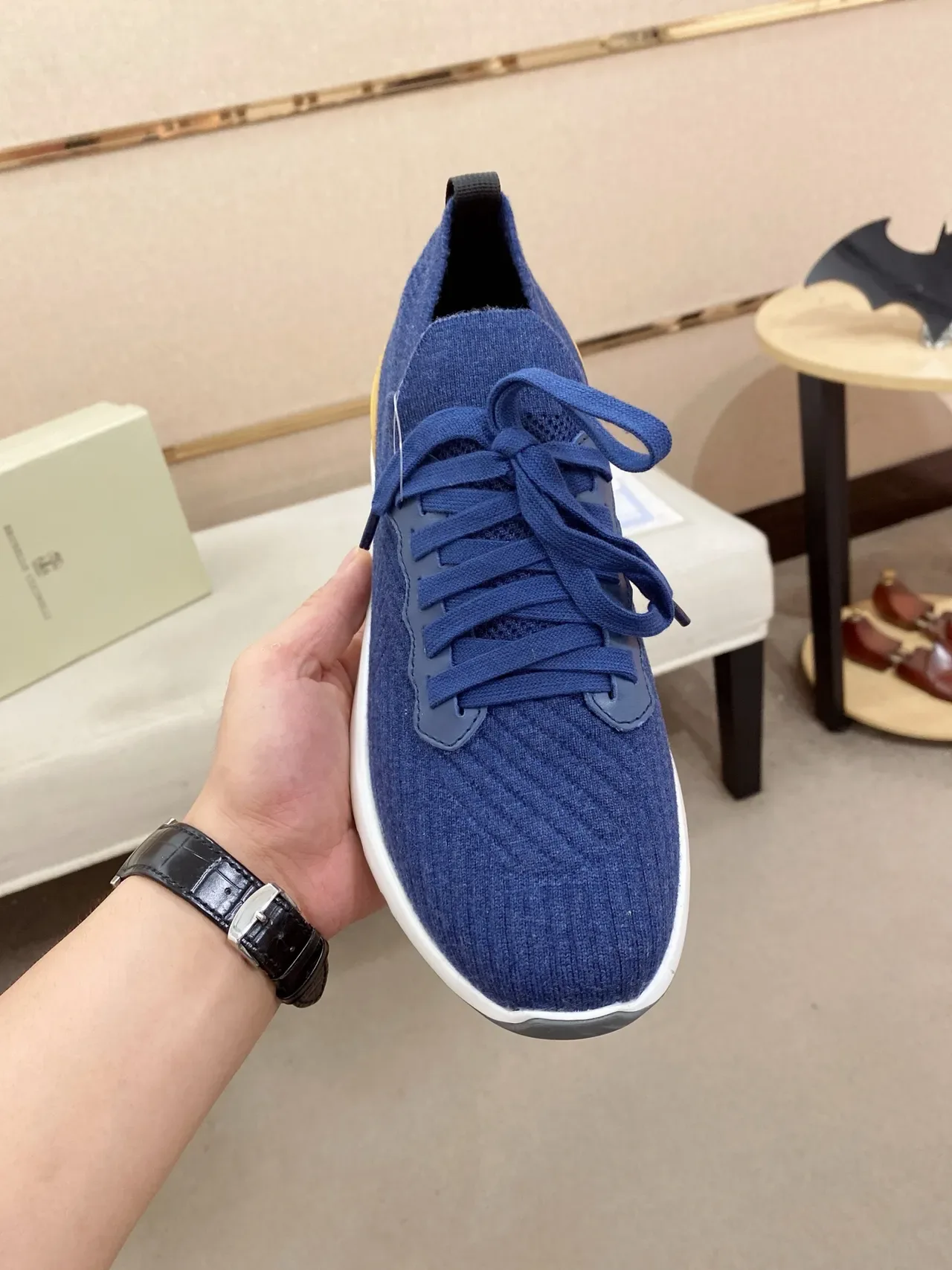 Blue Beige Knit Upper Sculpted Layered Midsole Sneakers 5