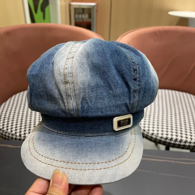 Béret en Denim Bleu Noir avec Construction de Huit-Panneaux de Couronne 8
