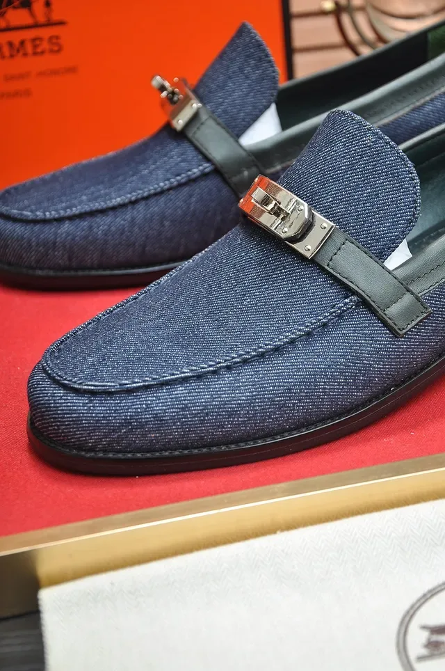 Blue Black Denim Upper Leather-Trimmed Saddle Strap Loafer 2