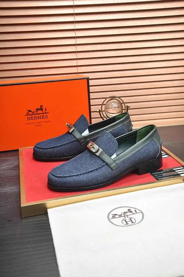 Blue Black Denim Upper Leather-Trimmed Saddle Strap Loafer 4