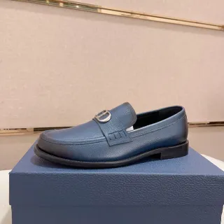 Blue Black Pebbled Leather Metal D-Buckle Strap Loafer