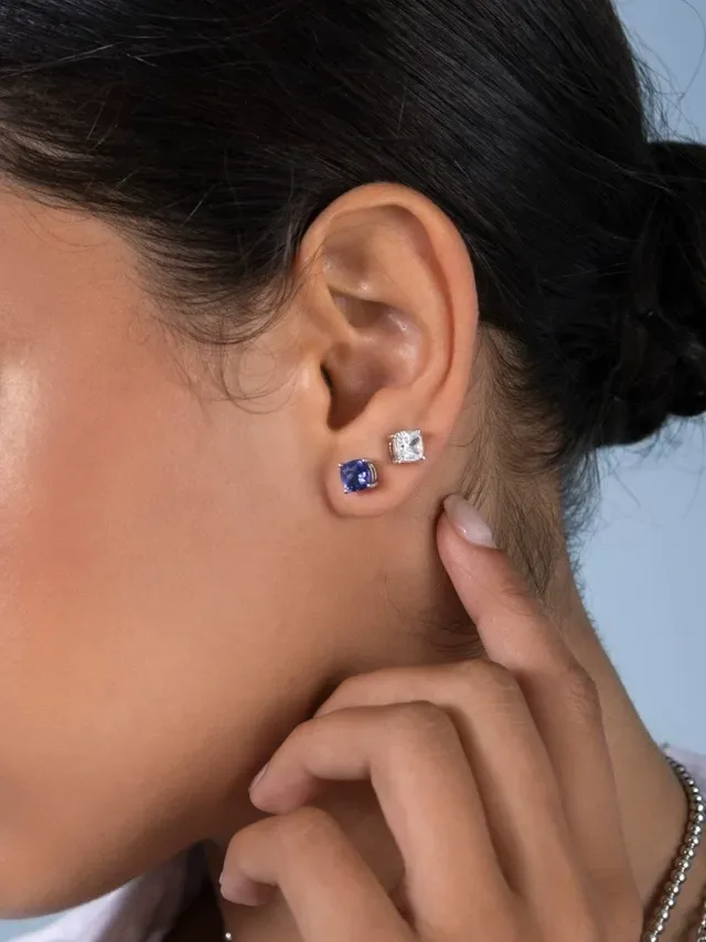Blue Cushion-Cut Gemstone Stud Earrings 2