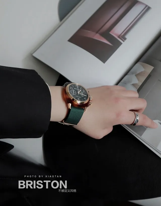 BRISTON Clubmaster Chronograph गहरे हरे डायल गुलाबी सोने का केस NATO स्ट्रैप यांत्रिक घड़ी 3