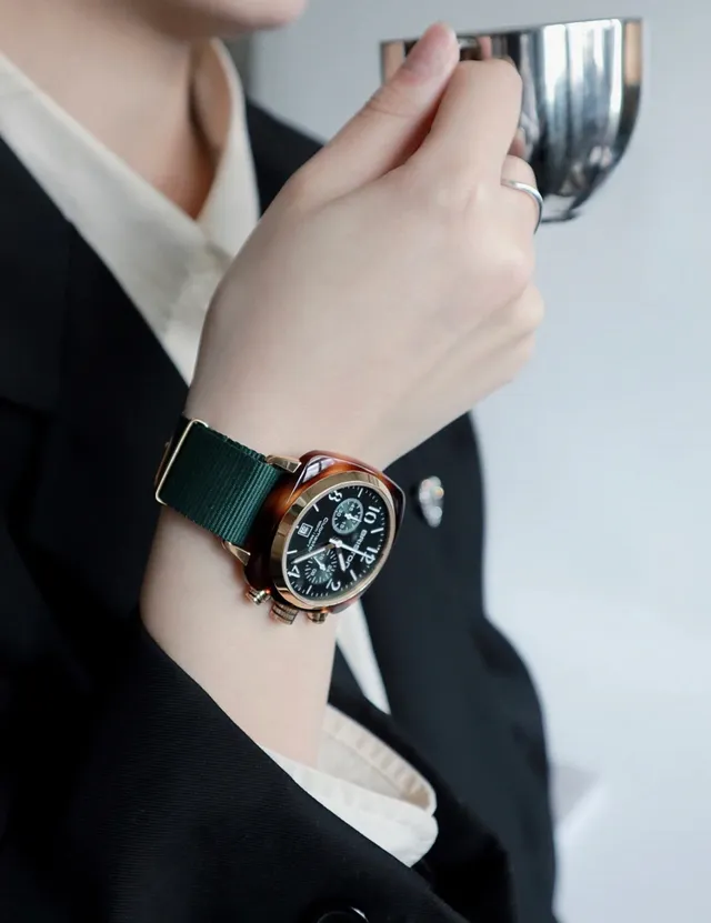 BRISTON Clubmaster Chronograph गहरे हरे डायल गुलाबी सोने का केस NATO स्ट्रैप यांत्रिक घड़ी 6