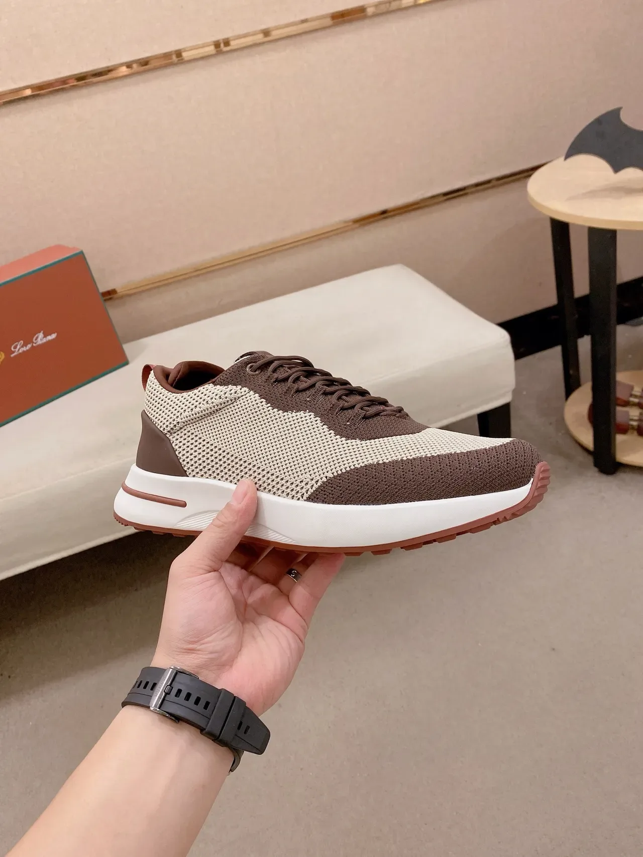 Brown and Beige Knit-Mesh Hybrid Sneaker 5