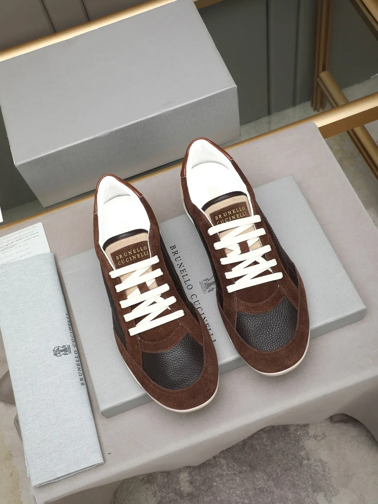 Brown and Black Mixed-Material Retro Runner Sneakers 4