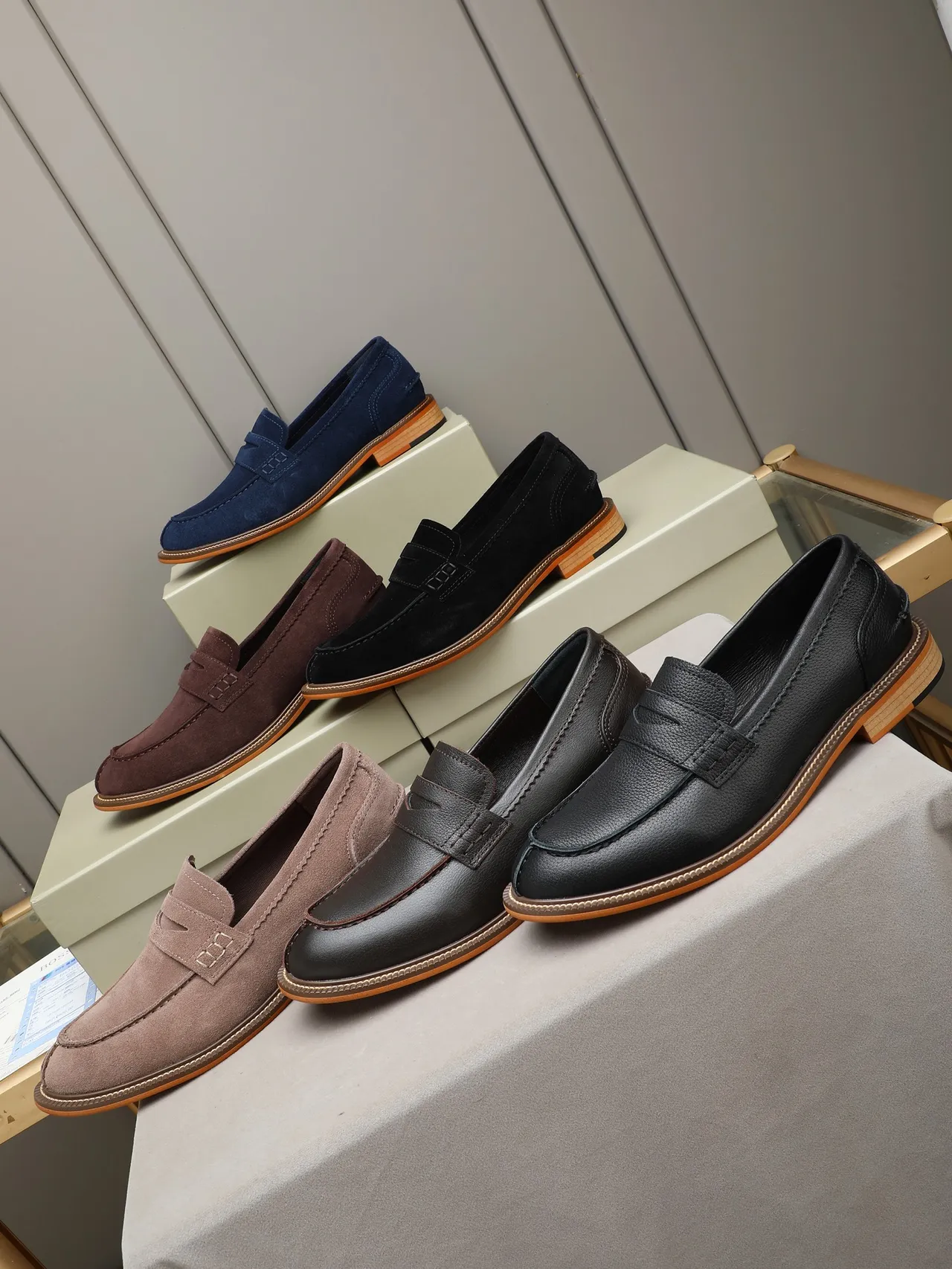 Brown Beige Leather Penny Moc-Toe Stitching Loafer 2