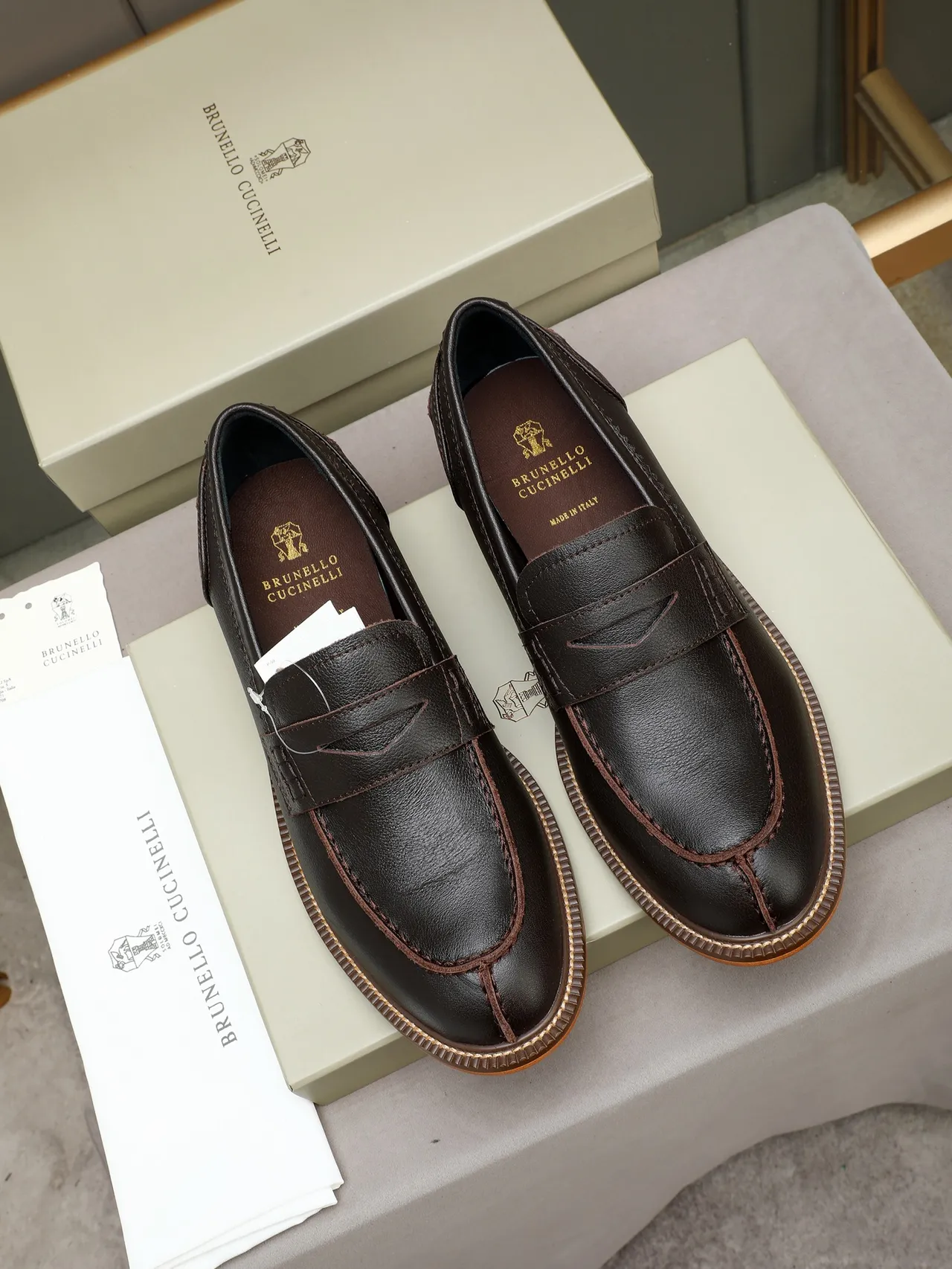 Brown Beige Leather Penny Moc-Toe Stitching Loafer 3