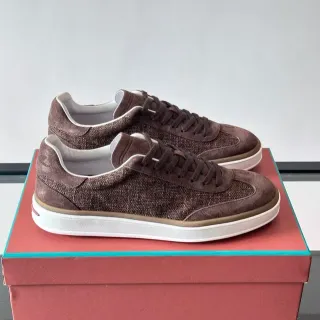 Brown Suede and Woven Textile Low-Top Lifestyle Sneakers