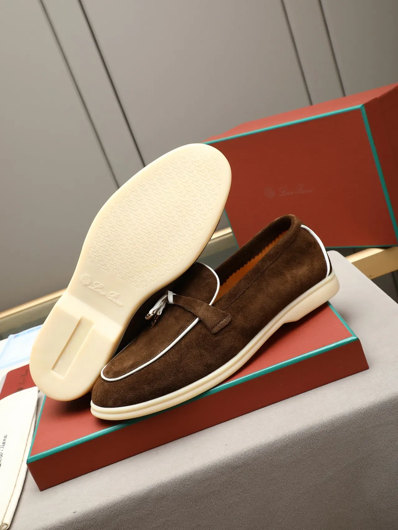 Brown White Suede Piping Loafer 5