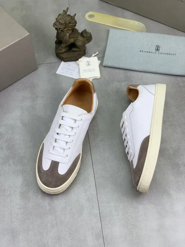 Brunello Cucinelli White and Taupe Pebbled Leather Suede Sneaker 5