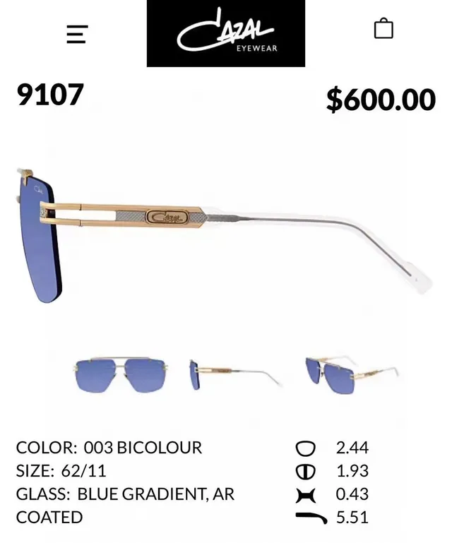 Cazal 9107 Blue Gold Shield-Style Double-Bar Bridge Sunglasses 9