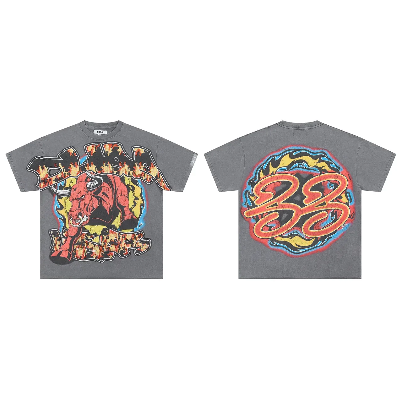 Charcoal Gray Flame Bull Graphic Oversized T-Shirt 2