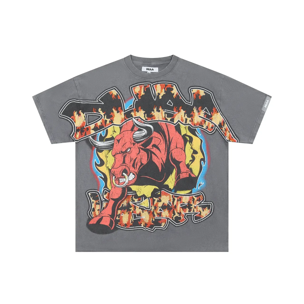 Charcoal Gray Flame Bull Graphic Oversized T-Shirt 3