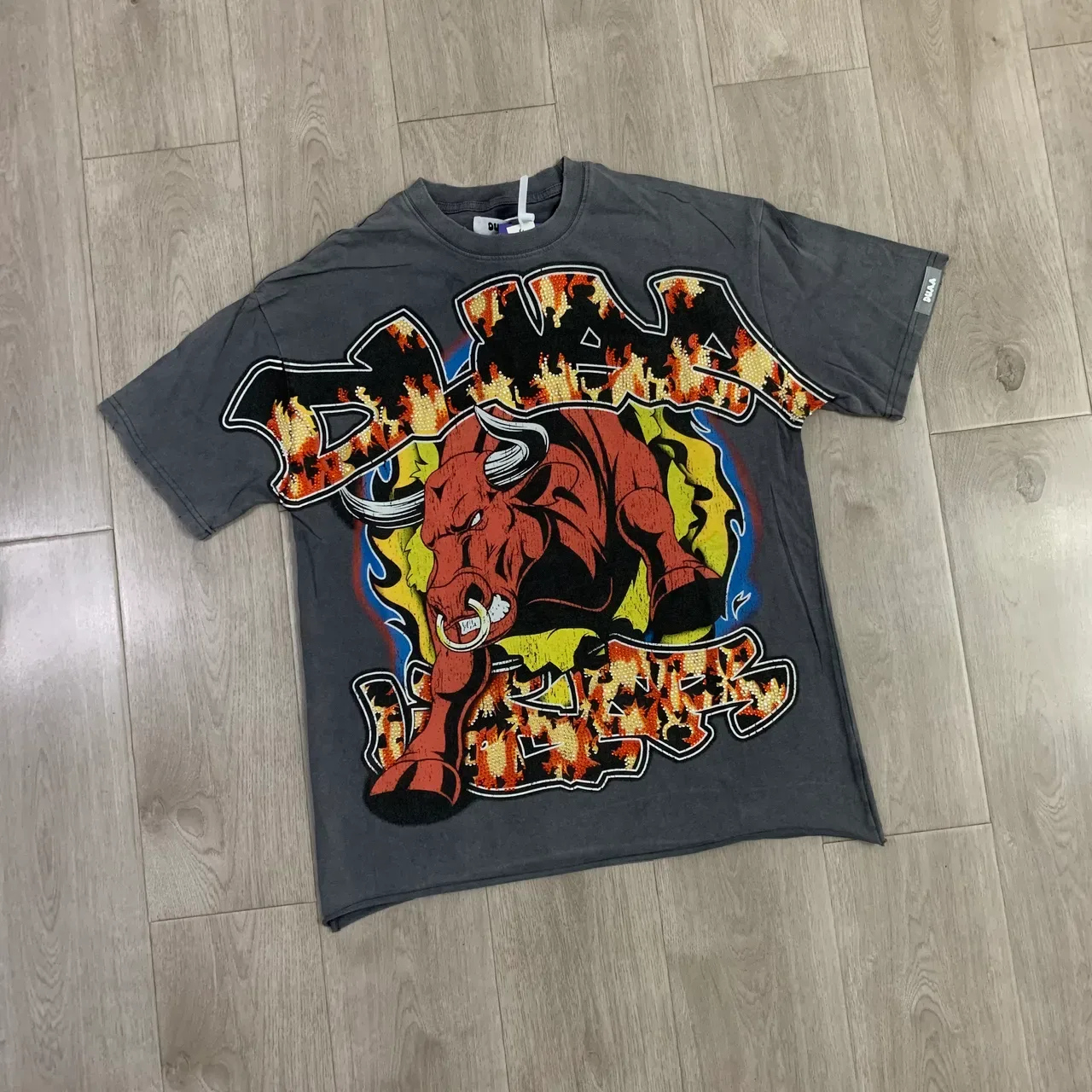 Charcoal Gray Flame Bull Graphic Oversized T-Shirt 5