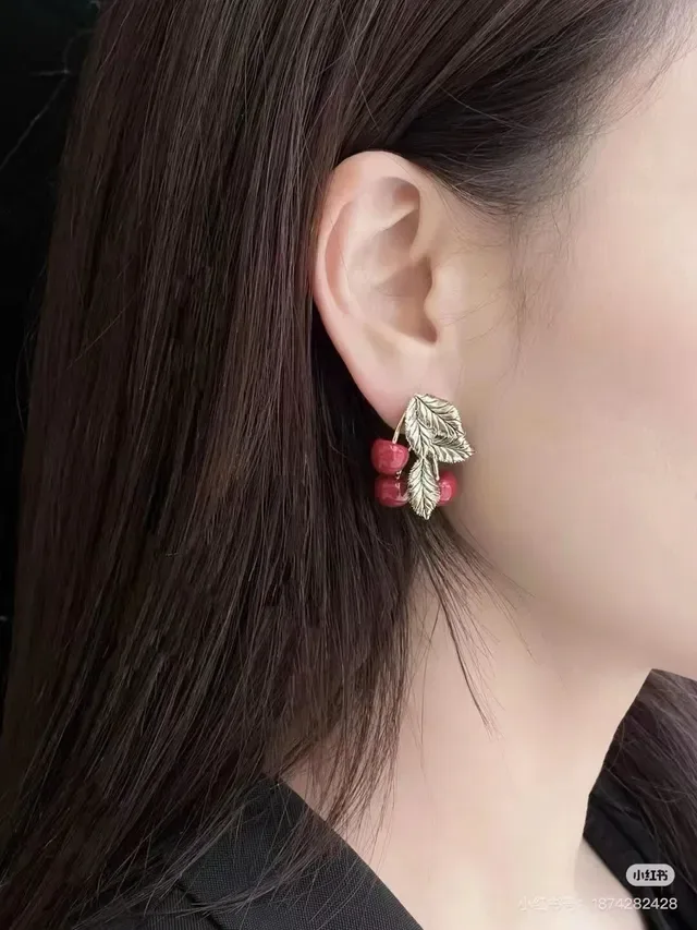 Cherry and Gold Leaf Motif Earrings 3