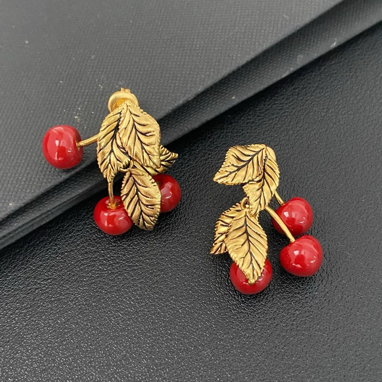 Cherry and Gold Leaf Motif Earrings 5