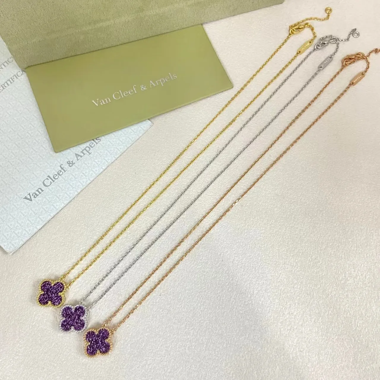 Clover-Shaped Glitter Purple Enamel Pendant Necklaces 3