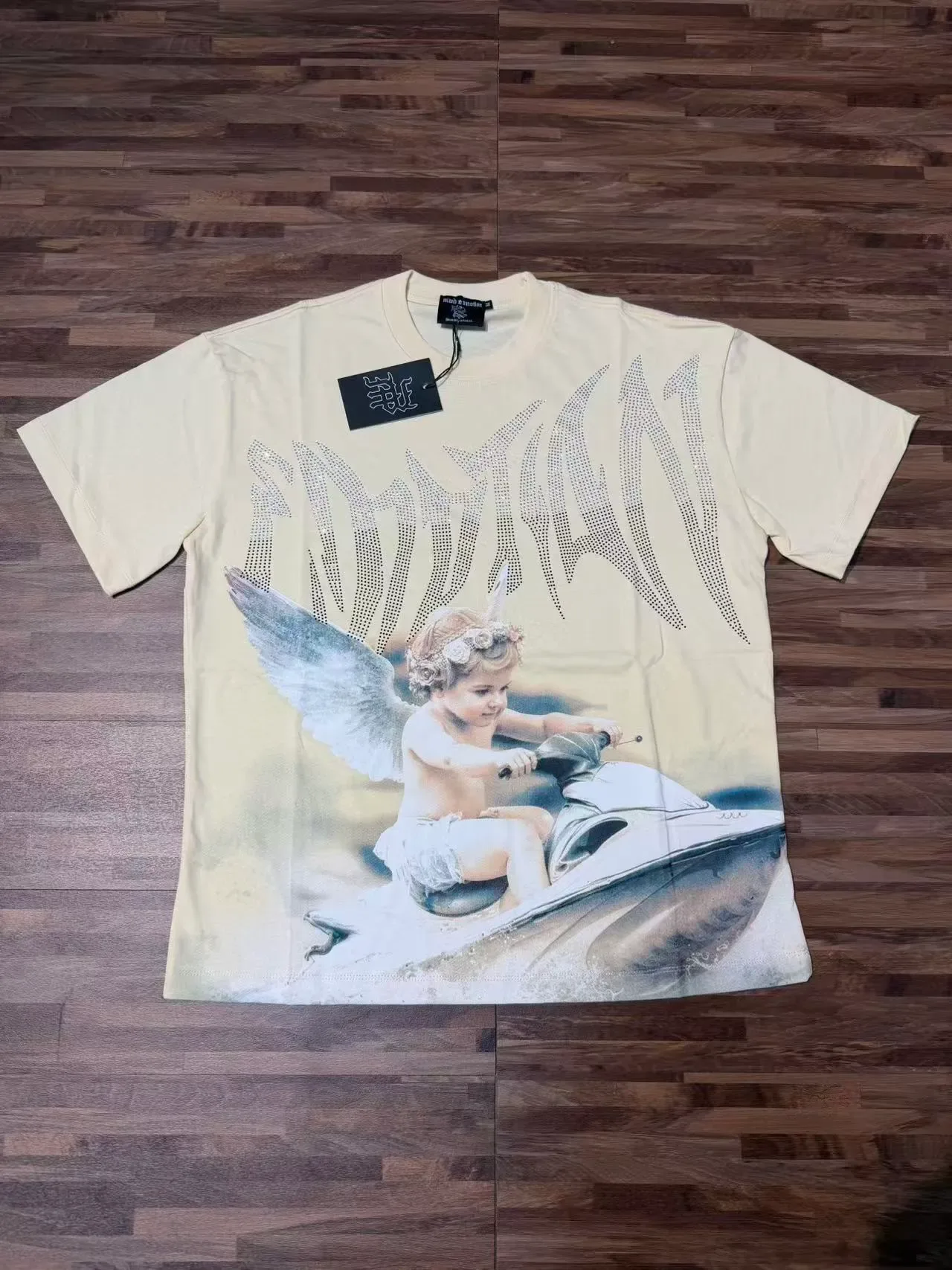 Cream Graphic-Print Rhinestone-Embellished Oversized T-Shirt 2