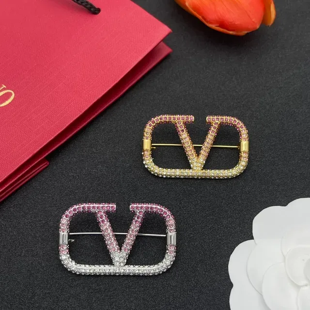 Crystal-Embellished Geometric V-Shaped Silver and Pink Brooch 2