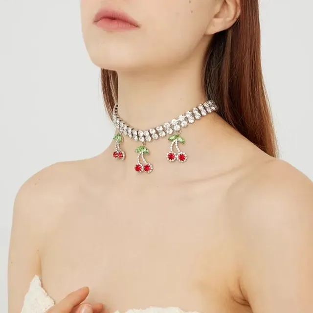 Crystal-Encrusted Cherry Dangle Choker Necklace 3