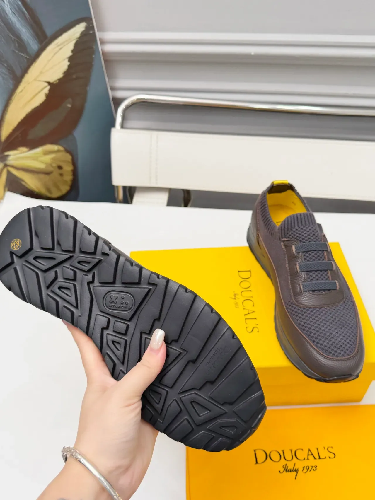 Dark Gray and Yellow Laceless Knit Collar Mesh Leather Sneaker 2