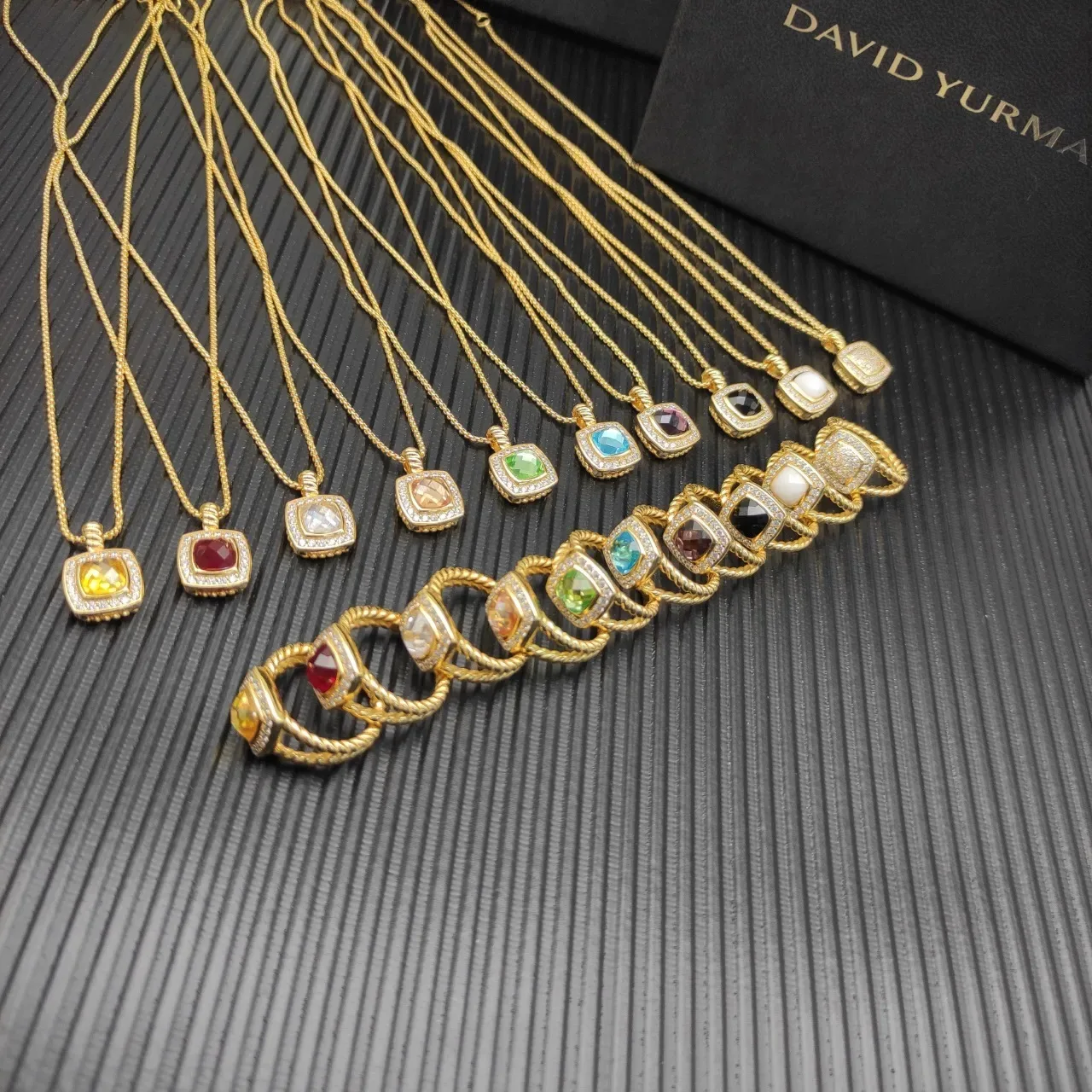 David Yurman Albion Gold Brown Curb-Link Chain Square Cushion Pendant Necklace 2