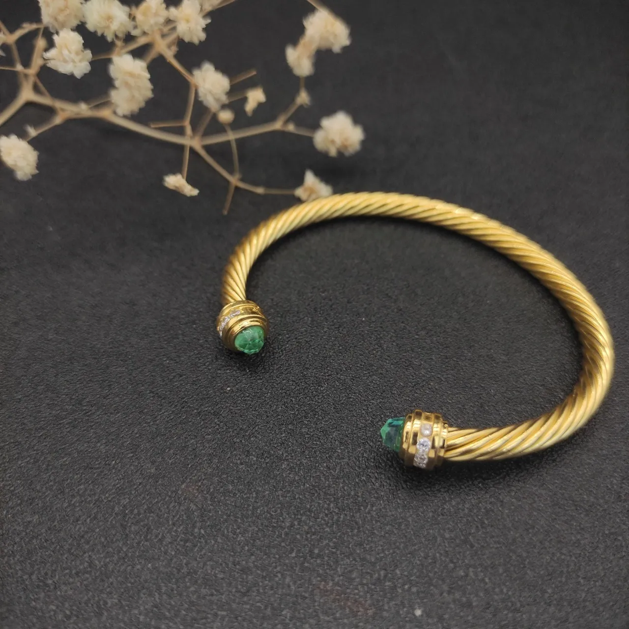 David Yurman Cable Classics Gold Green Twisted Gem-Set End Caps Bracelet 8