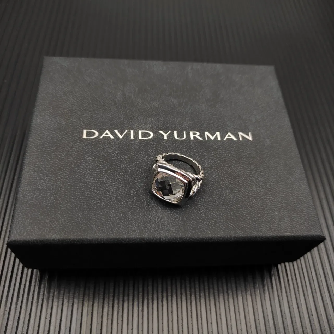 David Yurman Cable Classics Anneau Argent Beige Bande Tordue Pierre Cushion-Cut Transparente 5