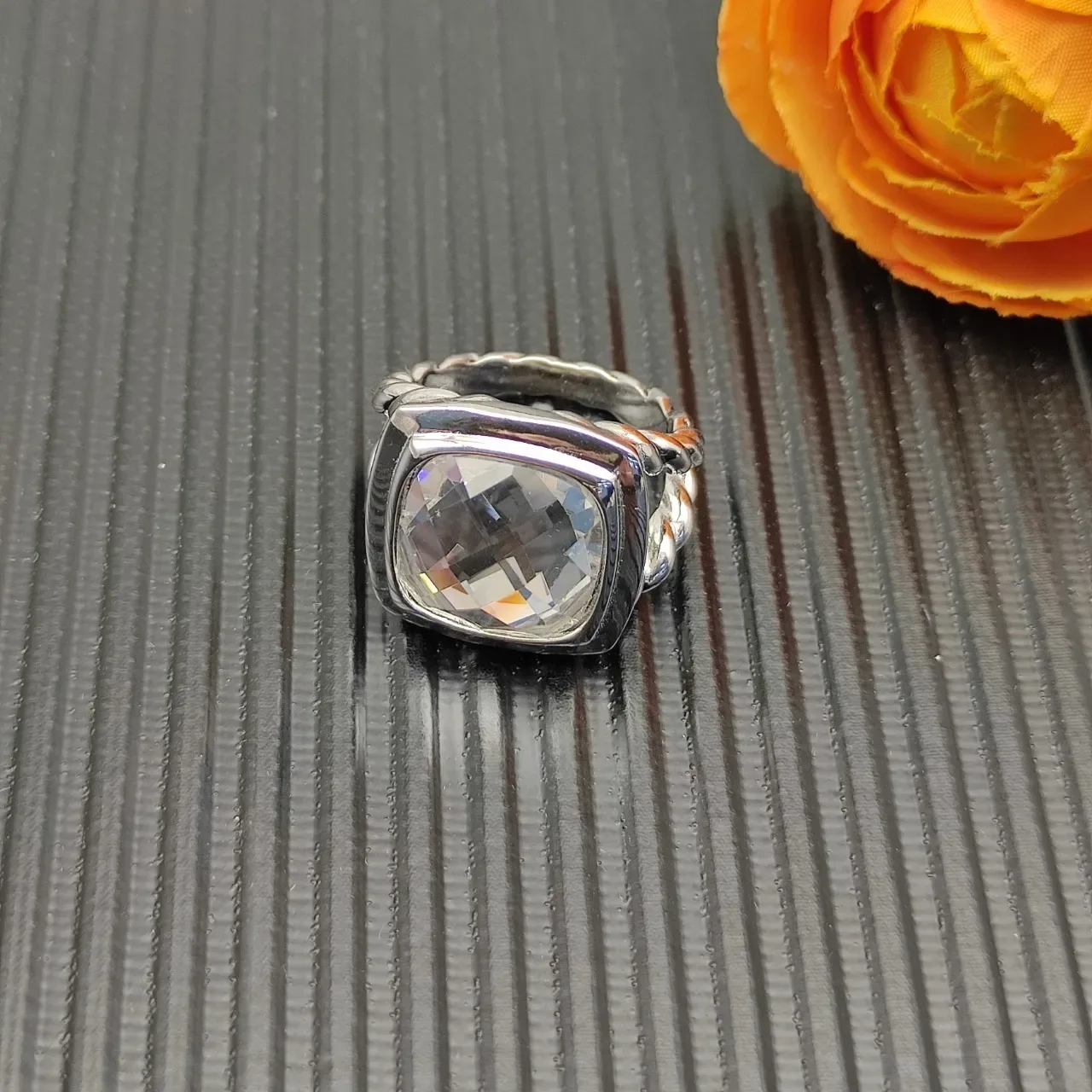 David Yurman Cable Classics Anneau Argent Beige Bande Tordue Pierre Cushion-Cut Transparente 7