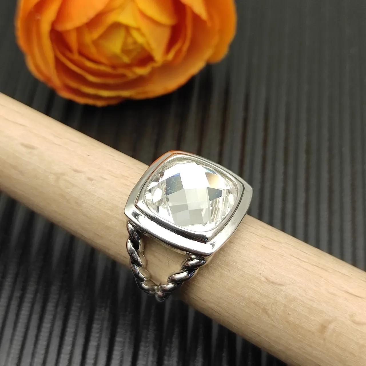 David Yurman Cable Classics Anneau Argent Beige Bande Tordue Pierre Cushion-Cut Transparente 8