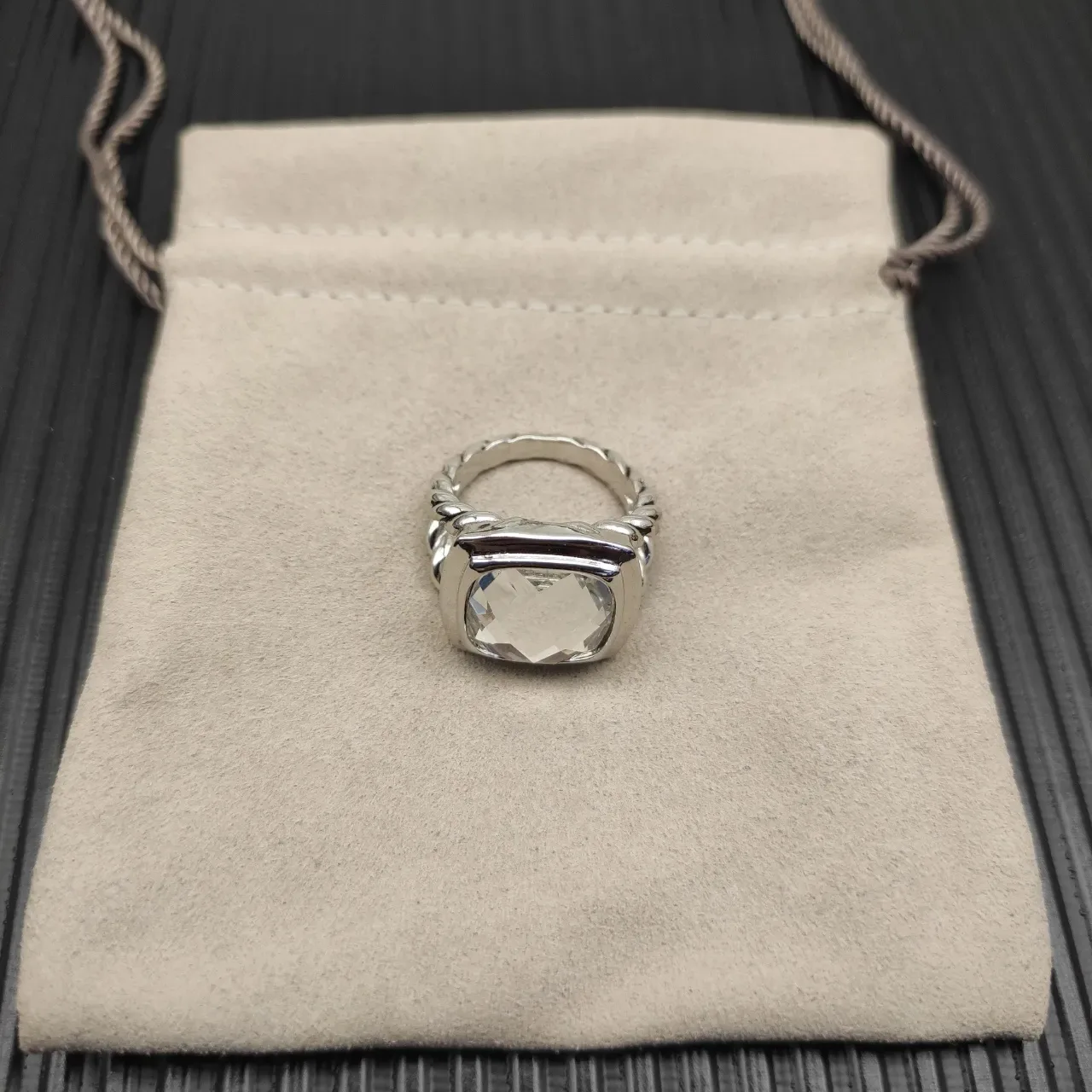 David Yurman Cable Classics Anneau Argent Beige Bande Tordue Pierre Cushion-Cut Transparente 9