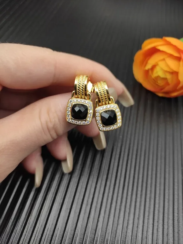 David Yurman Gold Black Cable Motif Square Bezel Earrings 7