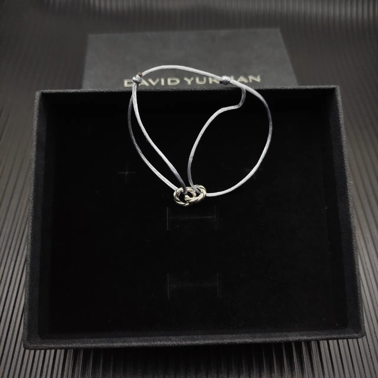 David Yurman Gray Silver Adjustable Cord Twisted Cable Knot Charm Bracelet 6