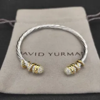 David Yurman سوار كابل ملتوي ثنائي اللون مرصع الماس كاب نهاية