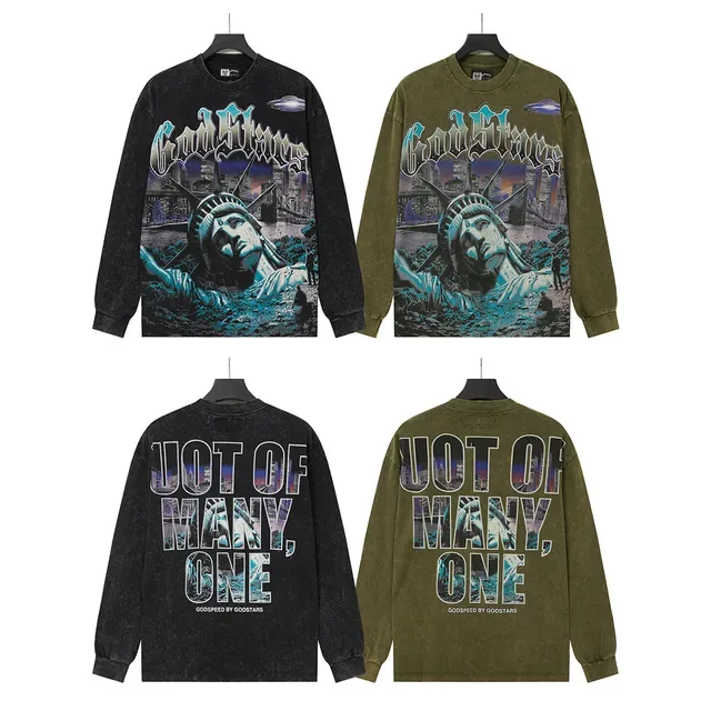 Distressed Acid-Wash Graphic Print Cropped Long-Sleeve T-Shirt 2