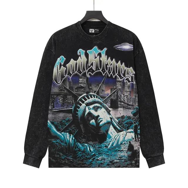 Distressed Acid-Wash Graphic Print Cropped Long-Sleeve T-Shirt 3