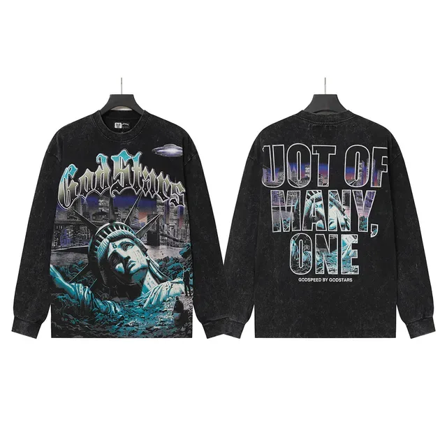 Distressed Acid-Wash Graphic Print Cropped Long-Sleeve T-Shirt 4