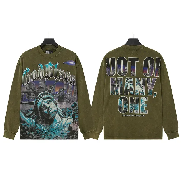 Distressed Acid-Wash Graphic Print Cropped Long-Sleeve T-Shirt 6
